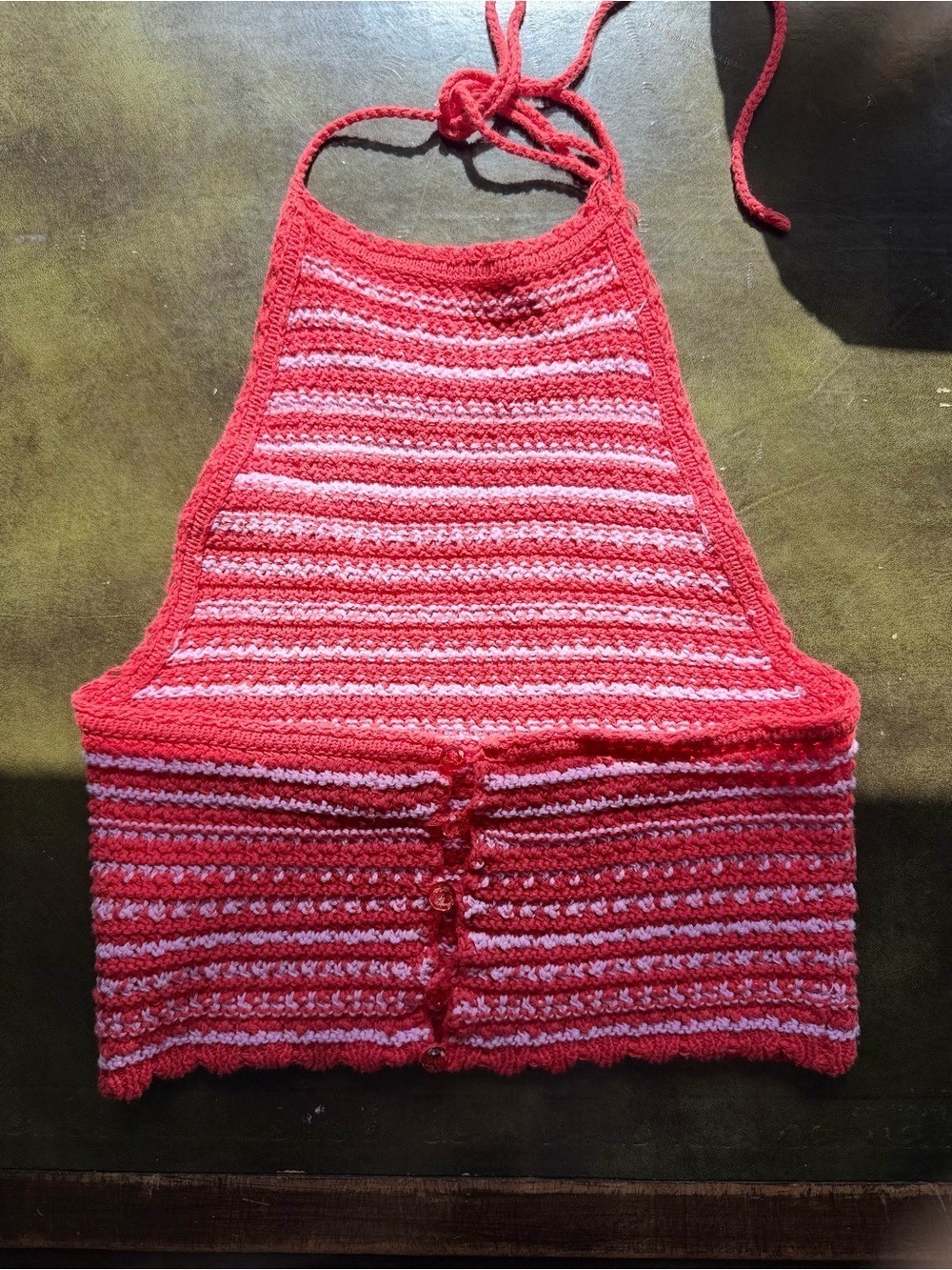 Urban Outfitters Crochet Halter Crop Top Coral Pink Striped Size Large - Picture 7 of 9